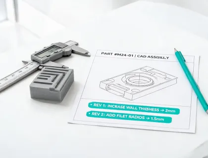 Prototype revision notes beside printed part